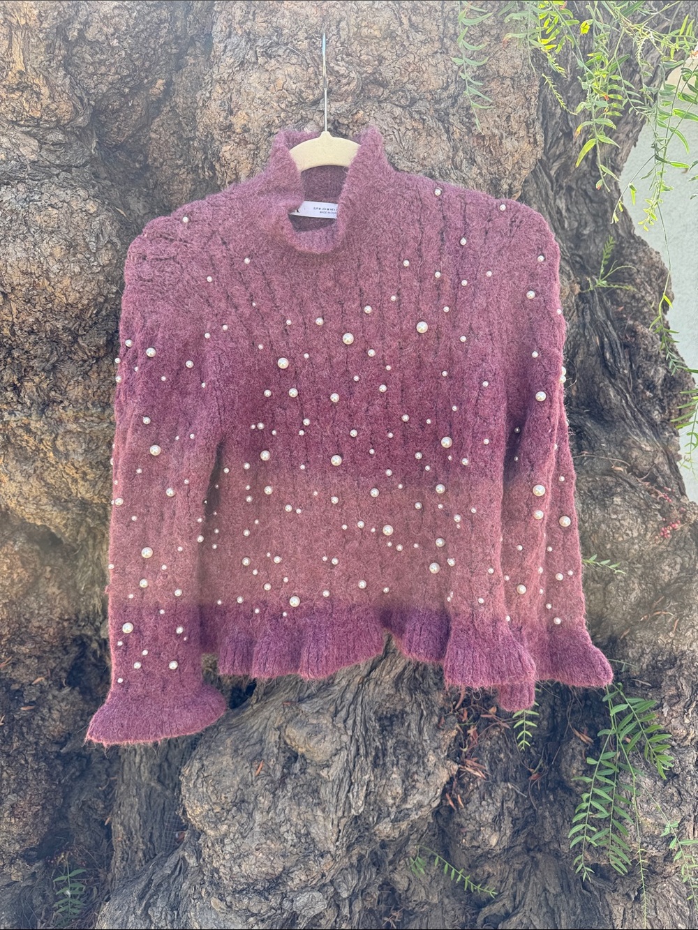 Zara Mauve Pearl-Embellished Turtleneck Sweater